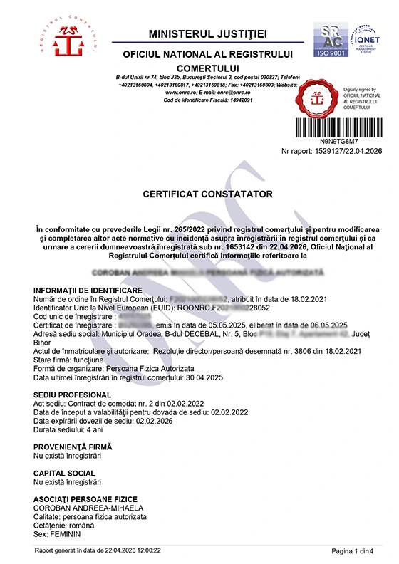 Certificat constatator ONRC original - document oficial emis de Registrul Comertului pentru SRL, PFA si II